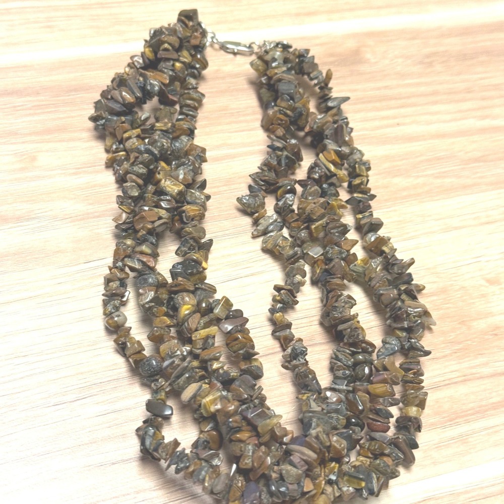 Multi Strand Tiger's Eye Chip Necklace Brown Gold Gemstone Statement 16 Inch